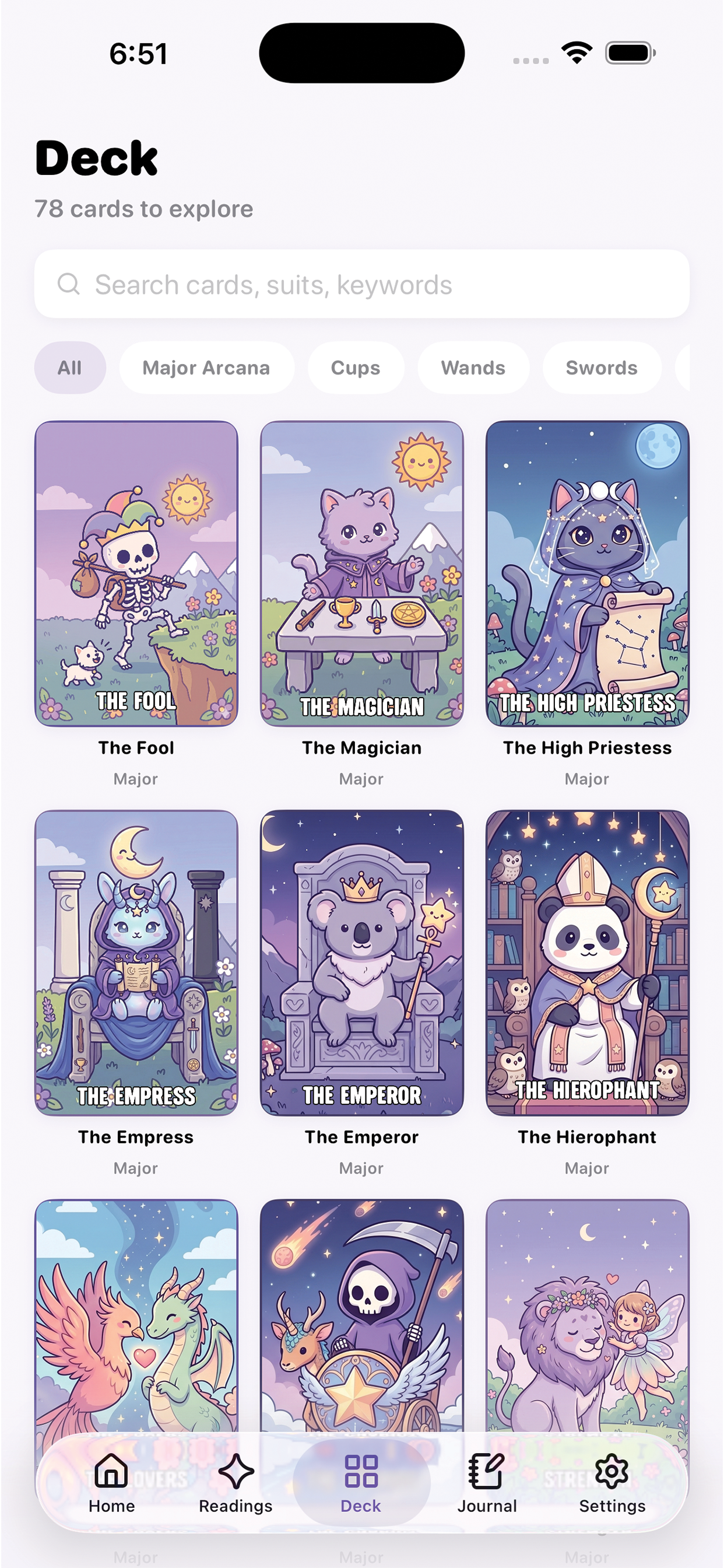 Moonpaw Tarot deck screen showing the 78-card deck grid