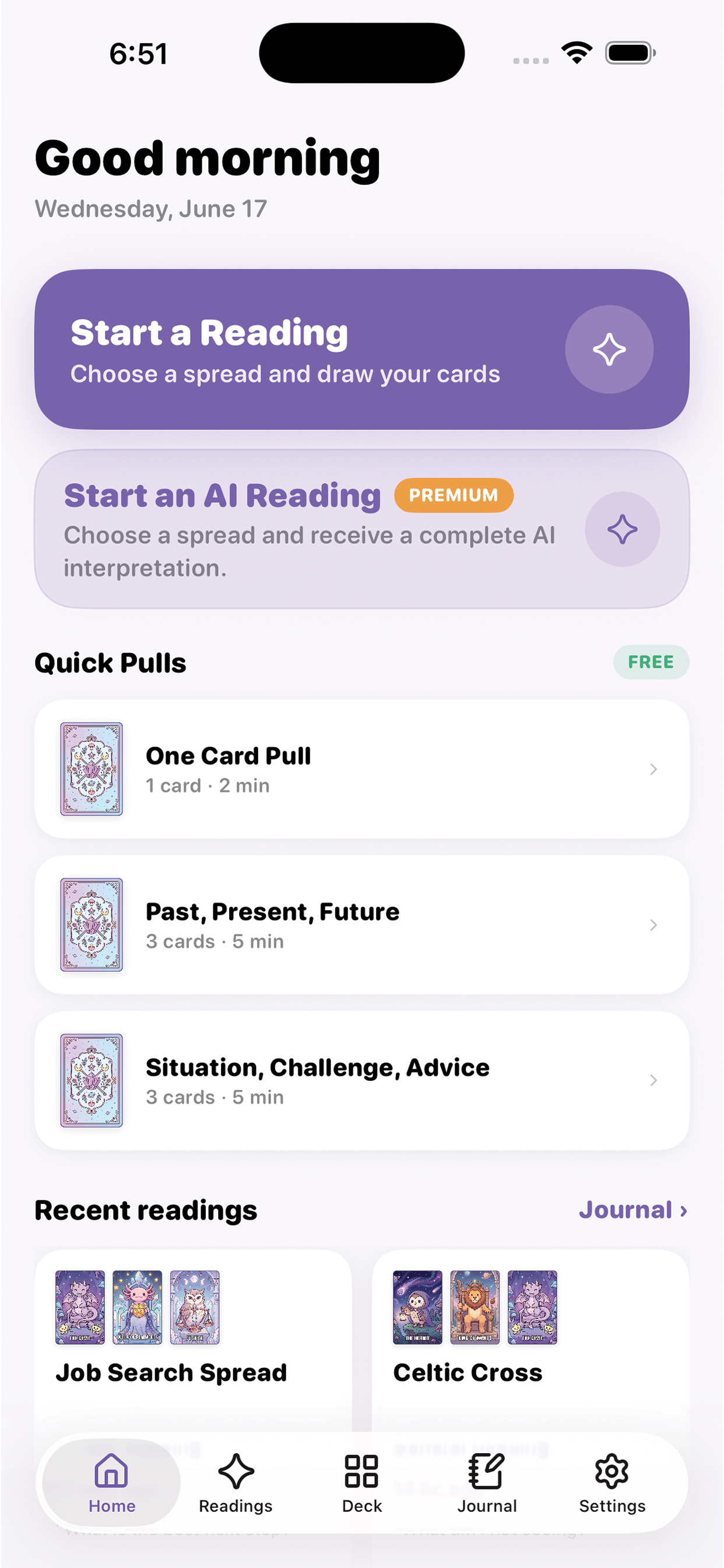 Moonpaw Tarot home screen showing daily readings and quick spreads