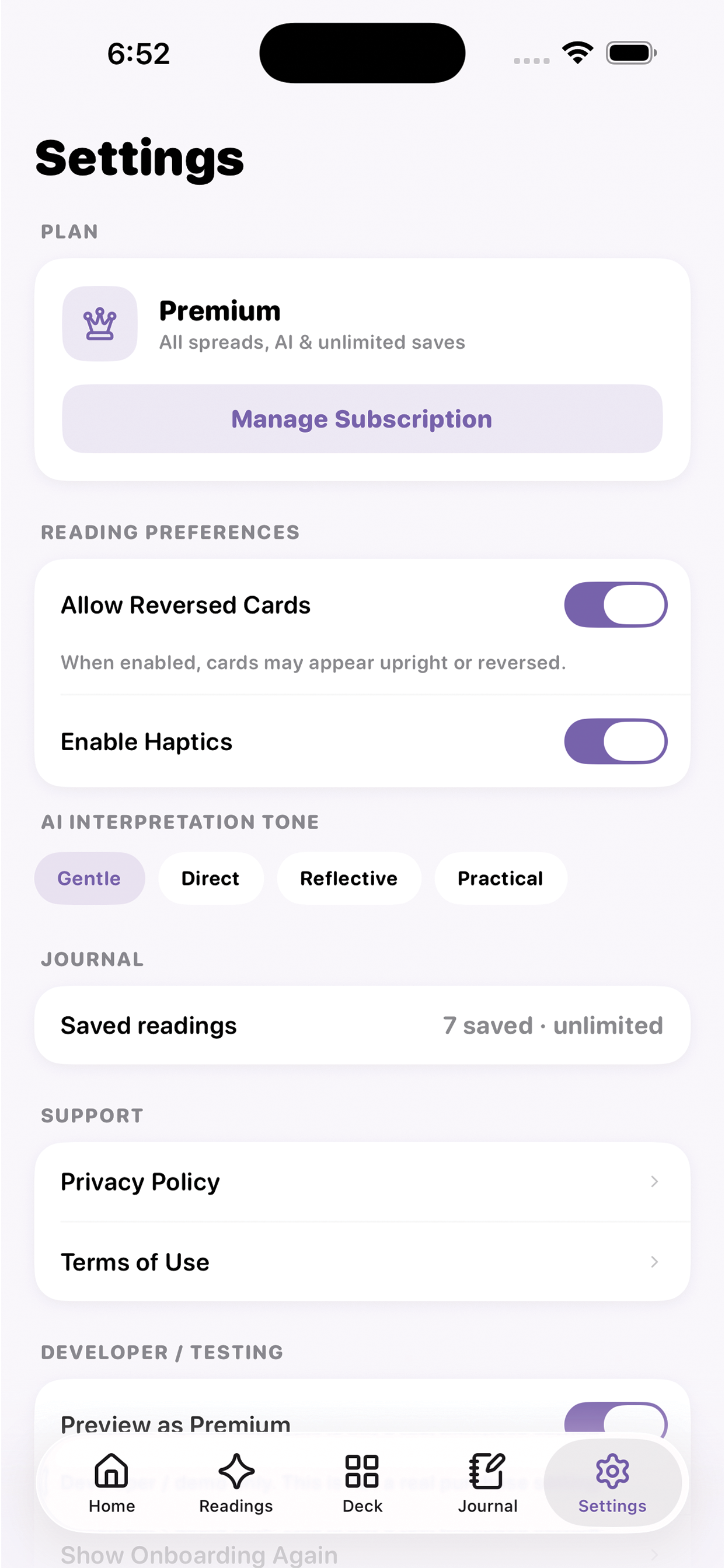 Settings screen