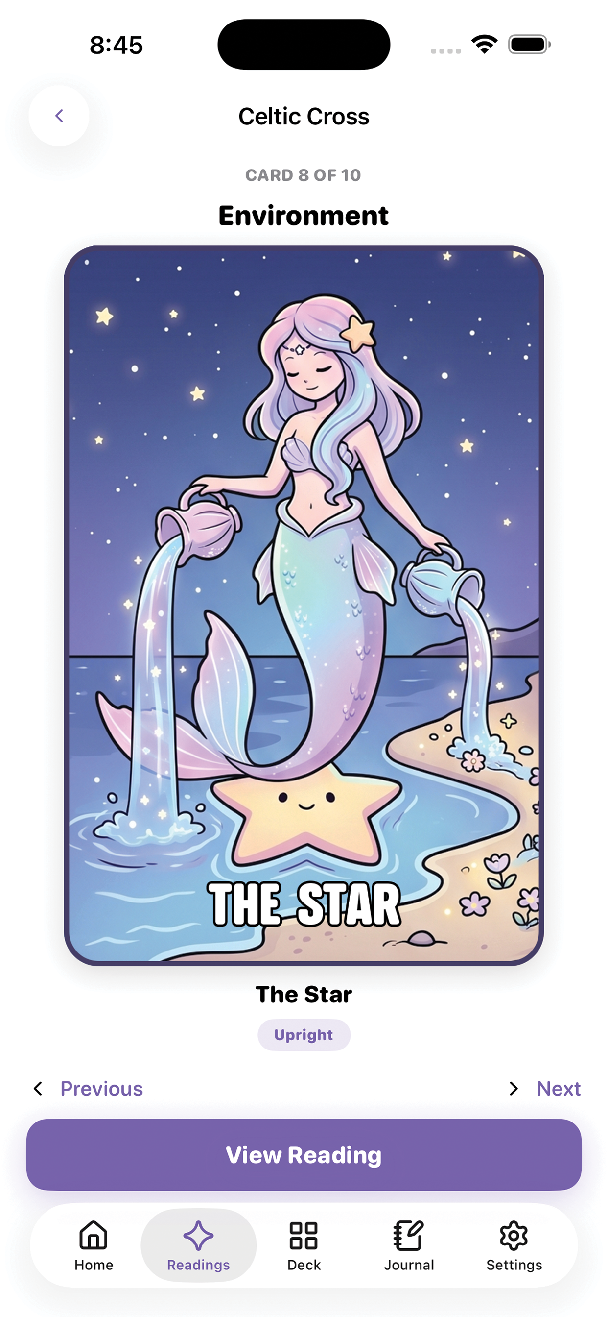 Moonpaw Tarot card reading screen showing The Star tarot card